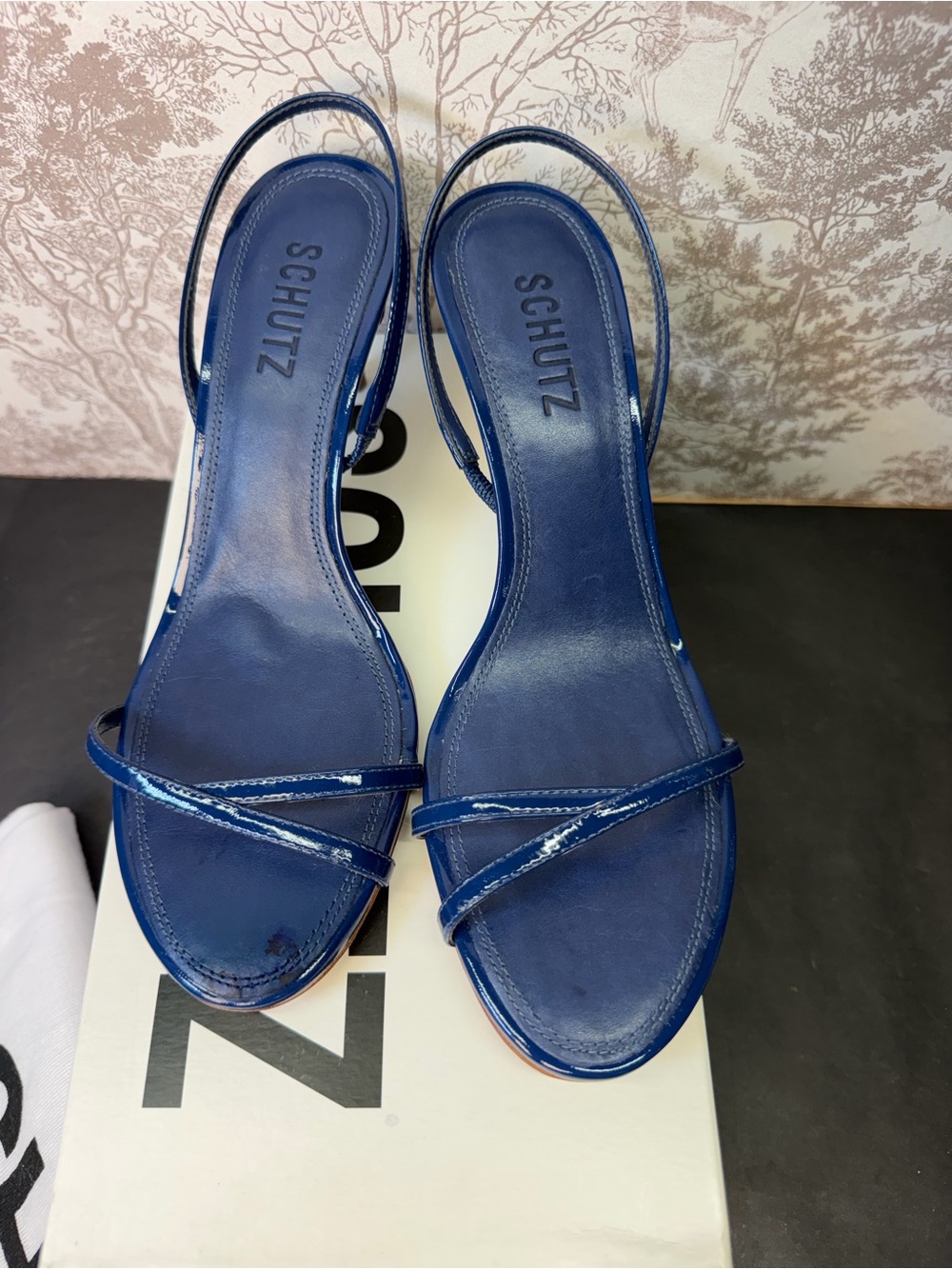 Schutz Diana Mid Sandal in Infinite Blue patent leather kitten heel strappy - Picture 5 of 9